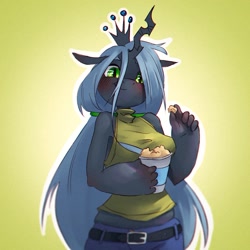 Size: 945x945 | Tagged: safe, artist:haku nichiya, derpibooru import, queen chrysalis, anthro, changeling, changeling queen, belt, blushing, cute, cutealis, eating, gradient background, hoof hands, horn, looking at you, midriff, pants, popcorn, smiling, smiling at you, solo, white outline