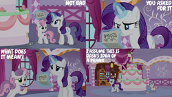 Size: 2000x1125 | Tagged: safe, derpibooru import, edit, edited screencap, editor:quoterific, screencap, rarity, sweetie belle, pony, unicorn, 28 pranks later, cake, carousel boutique, female, females only, filly, foal, food, mare