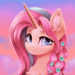 Size: 2000x2000 | Tagged: safe, artist:inowiseei, derpibooru import, oc, oc only, oc:rapunzel shy, pony, unicorn, braid, bust, chest fluff, ear fluff, ears, female, flower, flower in hair, high res, looking at you, mare, portrait, signature, smiling, smiling at you, solo