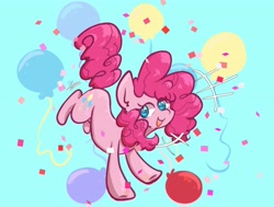 Size: 4096x3104 | Tagged: safe, artist:lynuscattips, derpibooru import, pinkie pie, earth pony, pony, balloon, blue background, confetti, cute, cyan background, diapinkes, female, high res, mare, open mouth, open smile, simple background, smiling, solo