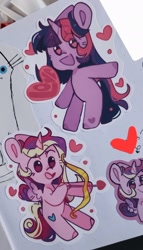 Size: 945x1651 | Tagged: safe, artist:yun_nhee, derpibooru import, princess cadance, twilight sparkle, unicorn twilight, unicorn, arrow, bow (weapon), chibi, floating heart, heart, holiday, sticker, valentine's day