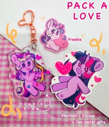 Size: 1096x1280 | Tagged: safe, artist:yun_nhee, derpibooru import, princess cadance, twilight sparkle, unicorn twilight, unicorn, advertisement, arrow, bow (weapon), bow and arrow, floating heart, heart, keychain, merchandise, sticker, weapon