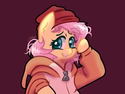 Size: 1600x1200 | Tagged: safe, alternate version, artist:lynuscattips, derpibooru import, fluttershy, clothes, female, looking at you, simple background, smiling, solo