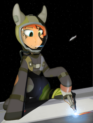 Size: 3000x4000 | Tagged: safe, artist:apuljack, derpibooru import, oc, oc only, oc:rusty gears, earth pony, pony, solo, space, spacesuit, the expanse, welding