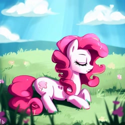 Size: 1024x1024 | Tagged: safe, derpibooru import, machine learning generated, pinkie pie, eyes closed, meadow, sleeping