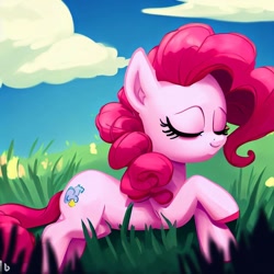 Size: 1024x1024 | Tagged: safe, derpibooru import, machine learning generated, pinkie pie, eyes closed, meadow, sleeping