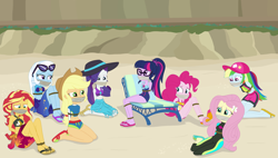 Size: 4500x2560 | Tagged: safe, artist:splendidbondage, derpibooru import, applejack, fluttershy, pinkie pie, rainbow dash, rarity, sci-twi, sunset shimmer, trixie, twilight sparkle, human, equestria girls, beach, bondage, bound and gagged, cloth gag, clothes, gag, humane five, humane seven, humane six, one-piece swimsuit, pinkie pie swimsuit, rope, rope bondage, sci-twi swimsuit, sexy, swimsuit, tied up, wetsuit