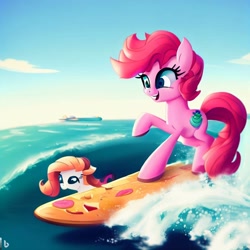 Size: 1024x1024 | Tagged: safe, derpibooru import, machine learning generated, pinkie pie, food, ocean, pizza, surfing, water