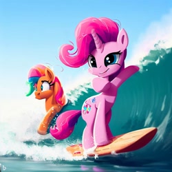 Size: 1024x1024 | Tagged: safe, derpibooru import, machine learning generated, pinkie pie, animation error, extra legs, literal fifth leg, ocean, surfing, water