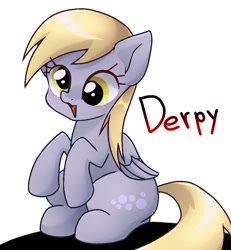 Size: 868x940 | Tagged: safe, artist:namaenonaipony, derpibooru import, derpy hooves, pegasus, pony, cute, derpabetes, female, folded wings, mare, open mouth, simple background, sitting, solo, white background, wings