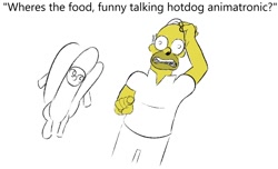 Size: 750x456 | Tagged: safe, artist:boxybrown, derpibooru import, female, food, homer simpson, hot dog, mare, meat, sausage, simple background, text, white background