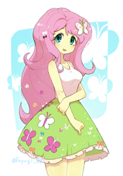 Size: 2100x3000 | Tagged: safe, artist:fuyugi, derpibooru import, fluttershy, equestria girls, bare shoulders, breasts, cute, female, legs together, looking at you, open mouth, shyabetes, sleeveless, solo