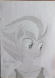 Size: 2381x3381 | Tagged: artist needed, safe, derpibooru import, night glider, female, mare, pencil drawing, smiling, solo, traditional art