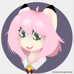 Size: 3000x3000 | Tagged: safe, artist:margaritaenot, derpibooru import, pony, anime, anya forger, green eyes, pink hair, simple background, smiling, solo, spy x family