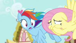 Size: 1280x720 | Tagged: safe, derpibooru import, screencap, fluttershy, rainbow dash, pegasus, pony, flutter brutter, building, cloud, female, flapping, flying, hooves on face, house, mare, nose wrinkle, ponyville, puffy cheeks, shocked, shocked expression, shrunken pupils, sky