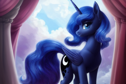 Size: 1920x1280 | Tagged: safe, derpibooru exclusive, derpibooru import, editor:dovakkins, generator:stable diffusion, machine learning generated, princess luna, alicorn, pony, cloud, cute, ethereal mane, ethereal tail, female, galaxy mane, looking at you, lunabetes, missing accessory, s1 luna, sky, smiling, smiling at you, solo, tail, wings