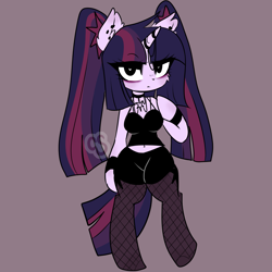 Size: 1805x1805 | Tagged: safe, alternate version, artist:cutiesparke, derpibooru import, twilight sparkle, unicorn twilight, anthro, unguligrade anthro, unicorn, alternate design, alternate hairstyle, arm hooves, bracelet, breasts, choker, clothes, collar, eyelashes, eyeliner, eyeshadow, female, fishnet stockings, horn, horn jewelry, horn ring, jewelry, makeup, no shading, pigtails, ring, shorts, simple background, solo, twintails