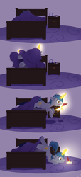 Size: 1816x3974 | Tagged: safe, artist:arcane-thunder, derpibooru import, oc, oc only, oc:arcane thunder, pony, unicorn, alarm clock, bed, bed mane, blanket, book, clock, comic, fangs, glowing, glowing horn, horn, levitation, magic, magic aura, male, messy mane, motion lines, night, quill, sketchbook, sleeping, solo, stallion, telekinesis, teleportation, waking up