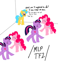 Size: 1500x1587 | Tagged: safe, derpibooru import, lemon hearts, pinkie pie, twilight sparkle, unicorn twilight, earth pony, pony, unicorn, /mlp/ tf2 general, butt, dancing, dialogue, dock, female, mare, meme, plot, smiling, tail, text