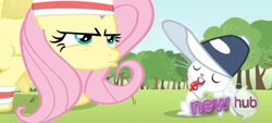 Size: 2400x1080 | Tagged: safe, derpibooru import, screencap, angel bunny, fluttershy, pegasus, rabbit, hurricane fluttershy, animal, blowing whistle, coach, coach angel bunny, coaching cap, duo, eyes closed, female, inhaling, male, mare, mouth hold, open mouth, rainbow dashs coaching whistle, sweatband, training, whistle, whistle necklace, whistle thief, whistling