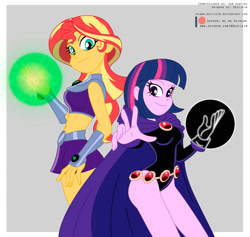 Size: 1317x1250 | Tagged: safe, artist:niban-destikim, derpibooru import, sunset shimmer, twilight sparkle, human, equestria girls, belly button, clothes, commission, crossover, dc comics, duo, duo female, female, glowing hands, looking at you, midriff, raven (dc comics), smiling, smiling at you, starfire, tara strong, teen titans, voice actor joke