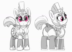 Size: 1199x866 | Tagged: safe, artist:pabbley, derpibooru import, pony, unicorn, armor, butt, clothes, cute, female, grayscale, guardsmare, helmet, looking at you, mare, monochrome, panties, partial color, plot, royal guard, simple background, skirt, solo, underwear, upskirt, white background