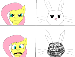 Size: 830x630 | Tagged: safe, derpibooru import, angel bunny, fluttershy, creepy, horrified, horror, smiling, stare, stare down