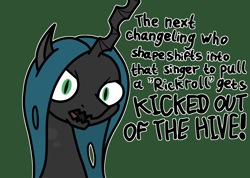 Size: 2048x1455 | Tagged: safe, artist:ewoudcponies, derpibooru import, queen chrysalis, changeling, changeling queen, female, green background, rickroll, simple background, solo