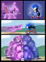 Size: 7500x10000 | Tagged: safe, artist:chedx, derpibooru import, twilight sparkle, twilight sparkle (alicorn), alicorn, anthro, hedgehog, pony, comic:learning with pibby glitch battles, comic, commission, explosion, fanfic, female, male, mare, multiverse, sonic the hedgehog, sonic the hedgehog (series)