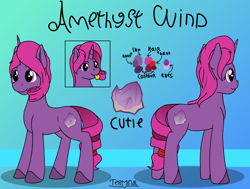 Size: 2120x1600 | Tagged: safe, artist:terminalhash, derpibooru import, oc, oc only, oc:amethyst wind, unicorn, fanfic:the enchanted library, cutie mark, female, gradient background, reference sheet, solo, tongue, tongue out