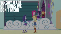 Size: 1920x1080 | Tagged: safe, derpibooru import, edit, edited screencap, editor:quoterific, screencap, applejack, pinkie pie, rarity, sci-twi, sunset shimmer, twilight sparkle, better together, equestria girls, rollercoaster of friendship, doctor who, microphone, stage