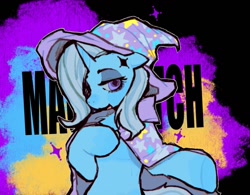 Size: 1481x1158 | Tagged: safe, artist:monicav12737823, artist:warwickalantero, derpibooru import, trixie, pony, unicorn, cape, clothes, female, hat, magic bitch, mare, queen of misfits, solo, song reference, sparkles, trixie's cape, trixie's hat, vulgar, vylet pony