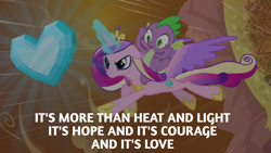 Size: 1920x1080 | Tagged: safe, derpibooru import, edit, edited screencap, editor:quoterific, screencap, princess cadance, spike, the crystal empire, crystal empire, crystal heart, doctor who, flying
