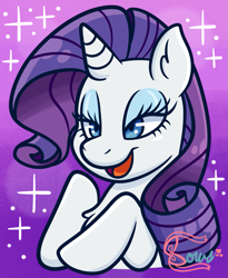 Size: 983x1200 | Tagged: safe, artist:bowsaremyfriends, derpibooru import, rarity, pony, unicorn, female, gradient background, lidded eyes, mare, open mouth, solo, sparkles