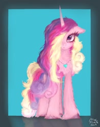 Size: 1074x1368 | Tagged: safe, artist:petaltwinkle, derpibooru import, princess cadance, alicorn, pony, blue background, female, fluffy, hair over one eye, jewelry, looking at you, mare, necklace, simple background, solo, unshorn fetlocks