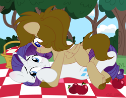 Size: 3000x2344 | Tagged: safe, artist:vi45, derpibooru import, rarity, oc, oc:doodles, pegasus, pony, unicorn, apple, basket, blushing, bush, canon x oc, cloud, coat markings, commission, duo, female, food, grin, lesbian, lying down, mare, on back, picnic, picnic basket, picnic blanket, pinned, pinned down, sky, smiling, tree, ych result