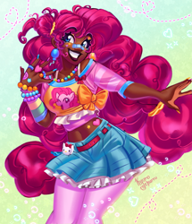 Size: 3593x4182 | Tagged: safe, artist:kyurochurro, derpibooru import, part of a set, pinkie pie, earth pony, human, pony, alternate hairstyle, bandaid, bandaid on nose, belly button, belt, bra, bra strap, bracelet, clothes, cute, dark skin, diapinkes, ear piercing, earring, eyeshadow, female, grin, humanized, jewelry, makeup, mare, midriff, nail polish, piercing, ring, skirt, smiling, socks, solo, sticker, stockings, tanktop, tattoo, thigh highs, underwear