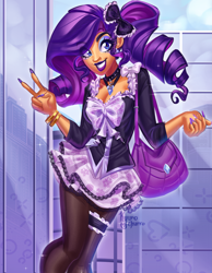 Size: 3185x4095 | Tagged: safe, artist:kyurochurro, derpibooru import, part of a set, rarity, human, alternate hairstyle, bag, bow, bracelet, choker, clothes, cute, ear piercing, earring, eyeshadow, female, grin, hair bow, humanized, jewelry, lipstick, makeup, nail polish, necklace, peace sign, piercing, raribetes, skirt, smiling, socks, solo, stockings, suit, tan skin, thigh highs