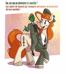 Size: 2220x2500 | Tagged: safe, artist:anontheanon, oc, oc only, oc:anon, oc:nordpone, earth pony, human, pony, cap, clothes, dialogue, female, freckles, hat, humans riding ponies, looking back, male, mare, necktie, riding, suit