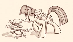 Size: 2028x1173 | Tagged: safe, artist:anontheanon, twilight sparkle, twilight sparkle (alicorn), alicorn, pony, audrey 2, eye clipping through hair, female, little shop of horrors, looking at something, mare, monochrome, plant, sepia, solo, this will not end well