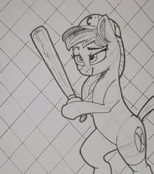 Size: 1815x2041 | Tagged: safe, artist:raredonk, earth pony, pony, background pony, baseball bat, baseball cap, costanza face, female, hoof hold, ishygddt, mare, meme, shiggy diggy, traditional art