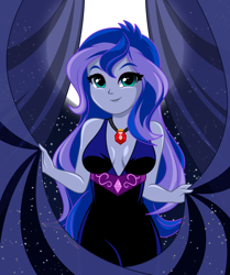 Size: 1154x1380 | Tagged: safe, artist:rosemile mulberry, derpibooru import, princess luna, vice principal luna, human, equestria girls, absolute cleavage, bare shoulders, breasts, cleavage, clothes, female, gem, princess balloona, reasonably sized breasts, redraw, siren gem, sleeveless, solo, updated design, younger