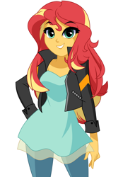 Size: 1200x1722 | Tagged: safe, artist:rosemile mulberry, derpibooru import, sunset shimmer, human, equestria girls, clothes, hand on hip, jacket, looking at you, simple background, smiling, solo, white background