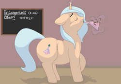 Size: 3252x2264 | Tagged: safe, artist:lupin quill, derpibooru import, oc, oc only, oc:orange glass, unicorn, series:wish fulfilment potion (weight gain), belly, big belly, butt, chalkboard, drinking, fat, fat fetish, fetish, horn, large butt, magic, plot, potion, solo, telekinesis, this will end in weight gain, unicorn oc, weight gain, weight gain sequence