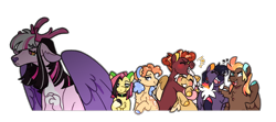 Size: 2598x1155 | Tagged: safe, artist:queerhorses, derpibooru import, oc, oc only, oc:butterscotch, oc:cherry-changa cheese, oc:dappled amber, oc:hawkeye, oc:nutter-butter pie, oc:owlet, oc:sparkler, draconequus, earth pony, hybrid, pegasus, pony, chest fluff, choker, draconequus oc, emanata, eyes closed, female, grin, hug, interspecies offspring, magical lesbian spawn, male, mare, offspring, open mouth, open smile, outline, parent:applejack, parent:bulk biceps, parent:cheese sandwich, parent:discord, parent:dumbbell, parent:fluttershy, parent:pinkie pie, parent:princess skystar, parent:rainbow dash, parent:rarity, parent:twilight sparkle, parents:cheesepie, parents:discolight, parents:dumbdash, parents:flutterbulk, parents:rarijack, simple background, smiling, stallion, transparent background, white outline