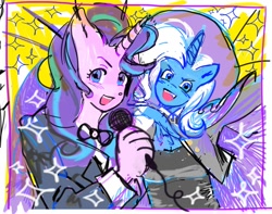 Size: 1851x1459 | Tagged: safe, artist:f1sh1es, derpibooru import, starlight glimmer, trixie, anthro, unicorn, blushing, bowtie, bust, cape, clothes, duo, open mouth, smiling, suit