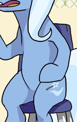 Size: 550x869 | Tagged: safe, artist:docwario, derpibooru import, edit, trixie, pony, unicorn, belly, chair, cropped, open mouth, pictures of bellies, sitting, solo