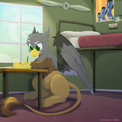 Size: 2000x2000 | Tagged: safe, artist:willoillo, derpibooru import, oc, oc only, griffon, bed, commission, pencil, propeller, solo, tongue, tongue out, window