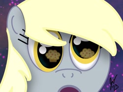 Size: 2160x1620 | Tagged: safe, artist:jesslmc16, derpibooru import, derpy hooves, pegasus, pony, big eyes, bust, derp, ears, eye reflection, eyes on the prize, female, food, gray coat, mare, muffin, open mouth, portrait, reflection, signature, solo, starry night