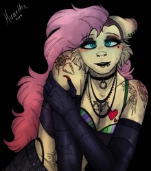 Size: 883x1005 | Tagged: safe, artist:tondrawfreeze, derpibooru import, fluttershy, anthro, black background, black eyeshadow, black lipstick, blushing, bra, breasts, cheek fluff, choker, cleavage, clothes, cross, cross necklace, ear piercing, earring, eyeshadow, female, gloves, hootershy, jewelry, lipstick, long gloves, looking at you, makeup, mare, necklace, piercing, simple background, solo, tattoo, underwear